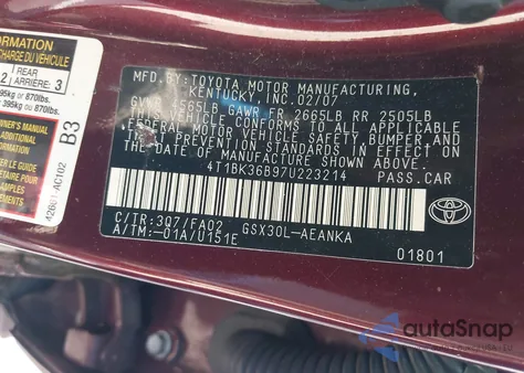 2007 Toyota Avalon Xl z USA, uszkodzony, nr VIN 4T1BK36B97U223214